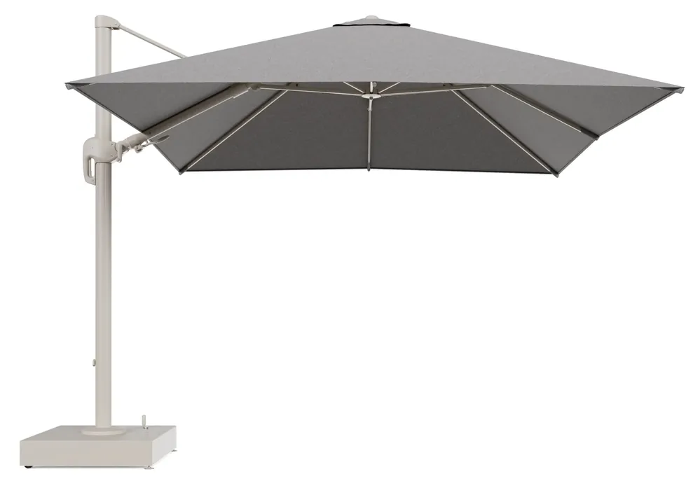 Hete Deal Rufina zweefparasol met tiltfunctie in beige aluminium en Tundra Charcoal All Weather Sunbrella® Luxe parasoldoek - L1 300 x L2 300 cm met parasolvoet Minore 150 kg met wielen