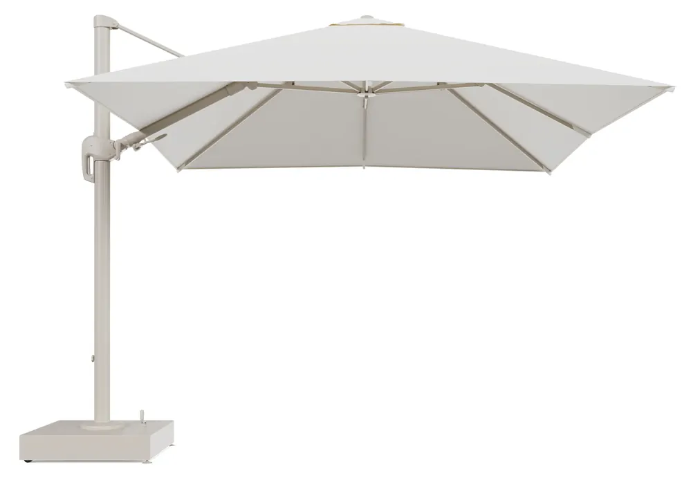 Rufina zweefparasol met tiltfunctie in beige aluminium en Natte White All Weather Sunbrella® Luxe parasoldoek - L1 300 x L2 300 cm met parasolvoet Minore 150 kg met wielen Lage Kosten