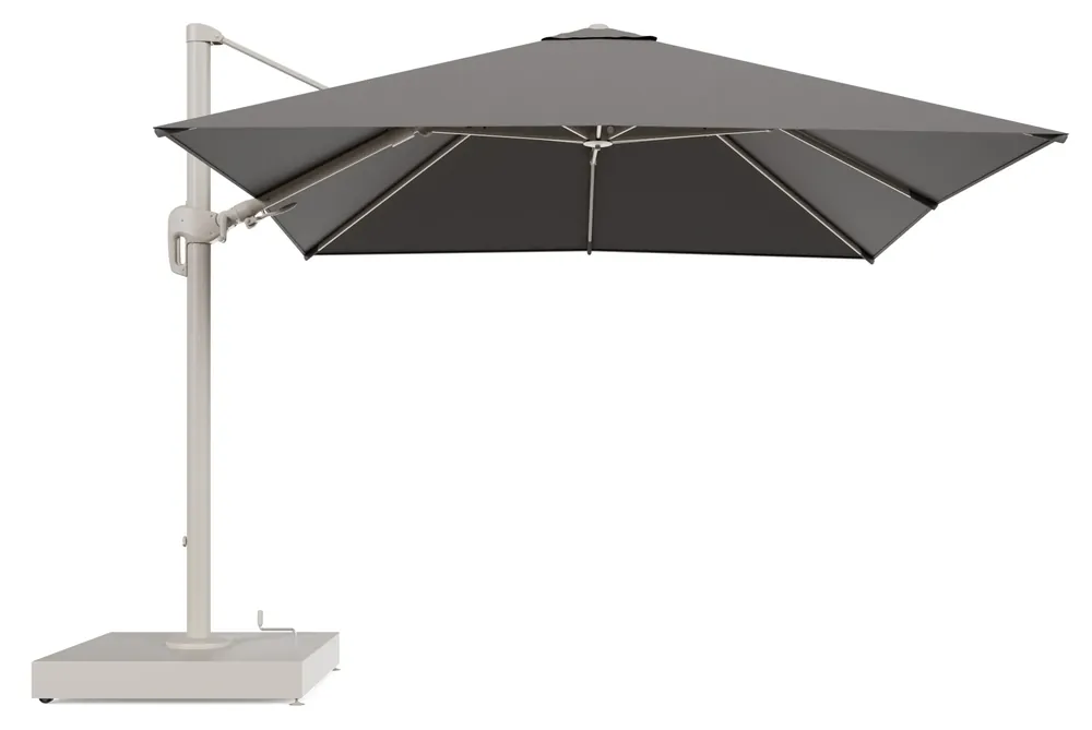 Rufina zweefparasol met tiltfunctie in beige aluminium en Natte Dark Taupe All Weather Sunbrella® Luxe parasoldoek - L1 300 x L2 300 cm met parasolvoet Minore 260 kg met wielen Lage Prijs