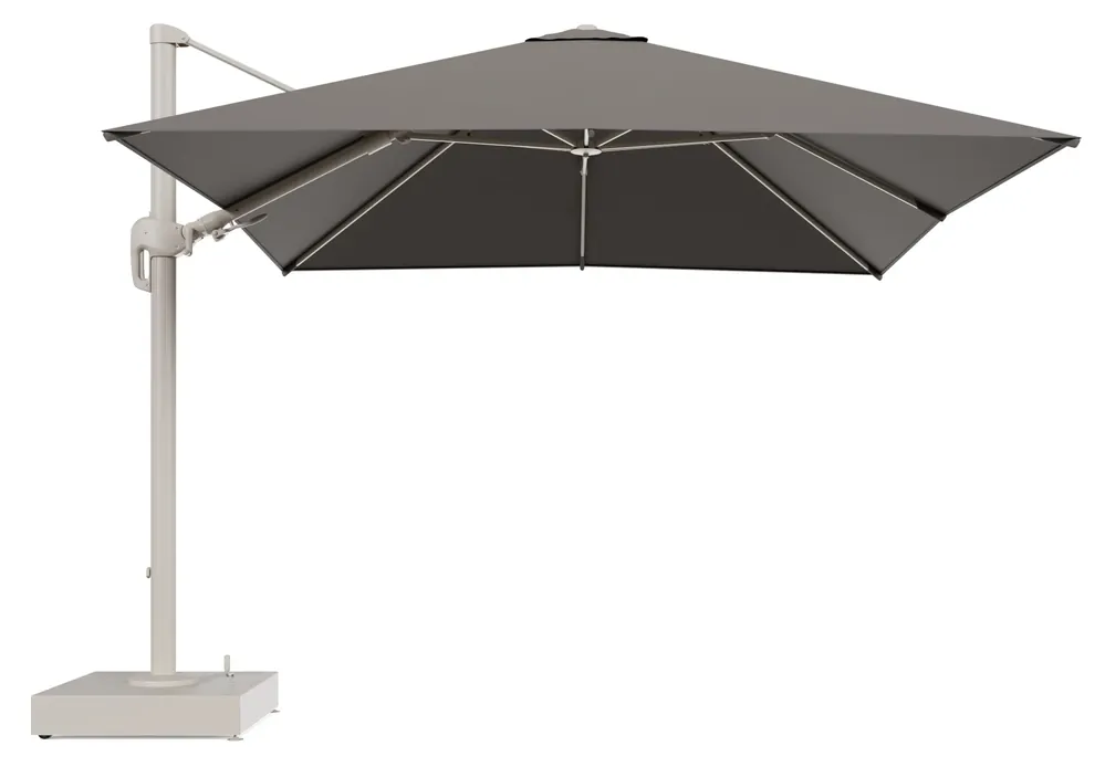 Premium Rufina zweefparasol met tiltfunctie in beige aluminium en Natte Carbon beige All Weather Sunbrella® Luxe parasoldoek - L1 300 x L2 300 cm met parasolvoet Minore 150 kg met wielen