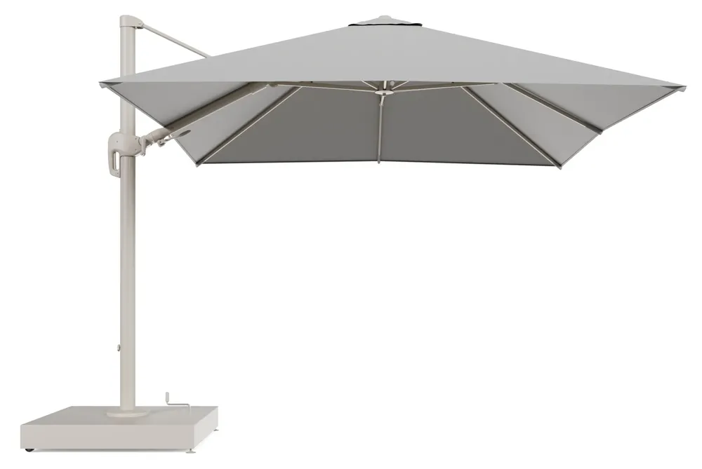 Betrouwbaar Rufina zweefparasol met tiltfunctie in beige aluminium en Savane Grey All Weather Sunbrella® Luxe parasoldoek - L1 300 x L2 300 cm met parasolvoet Minore 260 kg met wielen