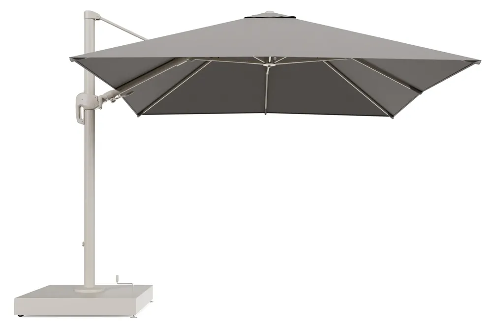 Gereduceerde Prijs Rufina zweefparasol met tiltfunctie in beige aluminium en Lopi Silver All Weather Sunbrella® Luxe parasoldoek - L1 300 x L2 300 cm met parasolvoet Minore 260 kg met wielen