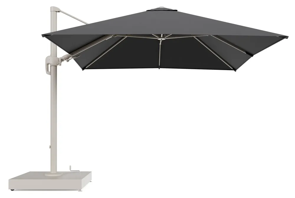 Superprijs Rufina zweefparasol met tiltfunctie in beige aluminium en Lopi Shadow All Weather Sunbrella® Luxe parasoldoek - L1 300 x L2 300 cm met parasolvoet Minore 260 kg met wielen