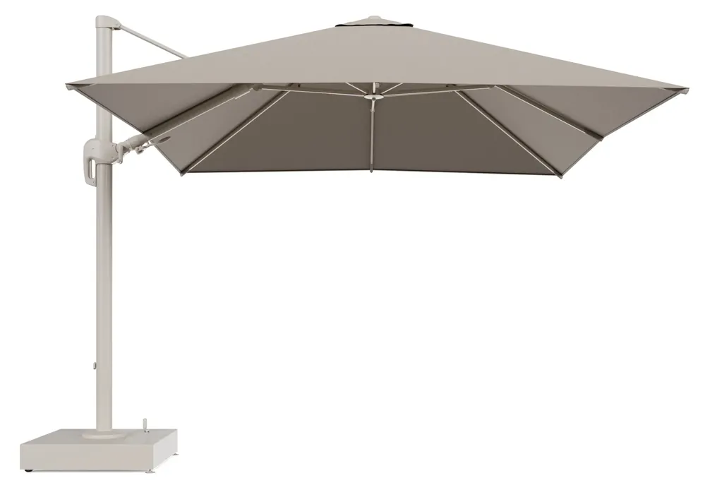 Rufina zweefparasol met tiltfunctie in beige aluminium en Savane Coconut All Weather Sunbrella® Luxe parasoldoek - L1 300 x L2 300 cm met parasolvoet Minore 150 kg met wielen Nieuw