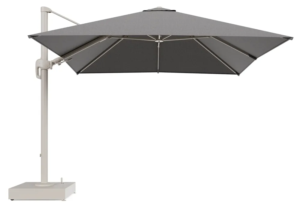 Rufina zweefparasol met tiltfunctie in beige aluminium en Chartres Drizzle All Weather Sunbrella® Luxe parasoldoek - L1 300 x L2 300 cm met parasolvoet Minore 150 kg met wielen Gecertificeerd