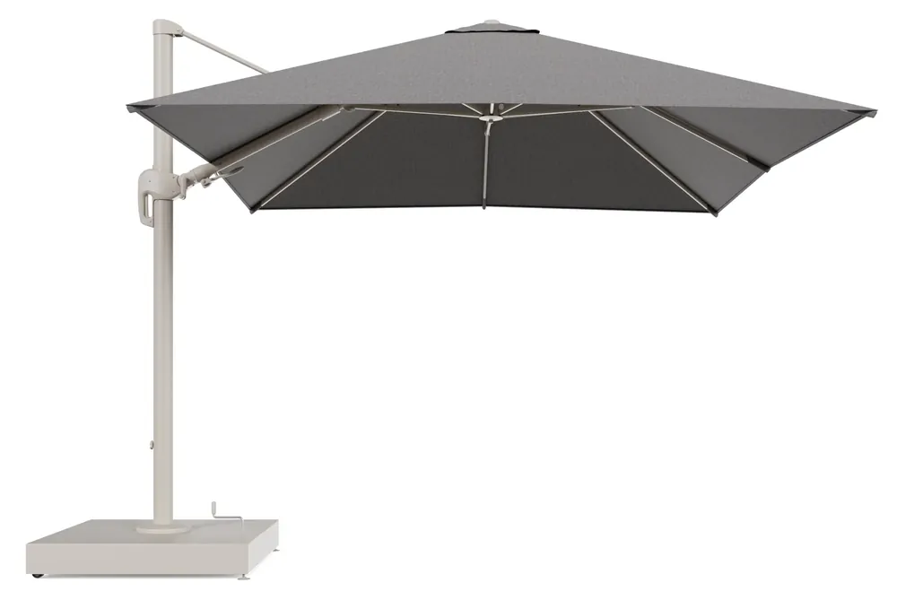 Nu Kopen Rufina zweefparasol met tiltfunctie in beige aluminium en Chartres Drizzle All Weather Sunbrella® Luxe parasoldoek - L1 300 x L2 300 cm met parasolvoet Minore 260 kg met wielen