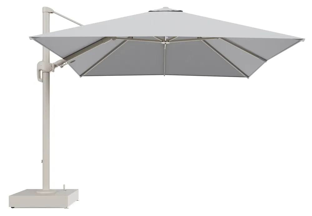 Fabrieksprijs Rufina zweefparasol met tiltfunctie in beige aluminium en Lopi Ash All Weather Sunbrella® Luxe parasoldoek - L1 300 x L2 300 cm met parasolvoet Minore 150 kg met wielen