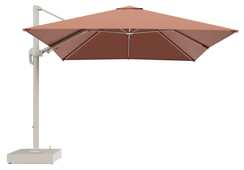 Rufina zweefparasol met tiltfunctie in beige aluminium en Heritage Rust All Weather Sunbrella® Luxe parasoldoek - L1 300 x L2 300 cm met parasolvoet Minore 150 kg met wielen Gecertificeerd