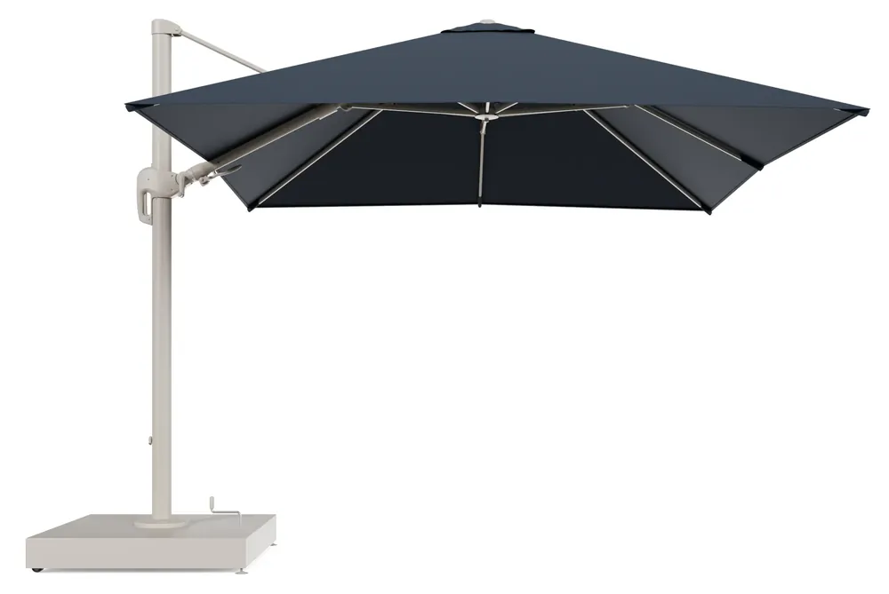 Premium Rufina zweefparasol met tiltfunctie in beige aluminium en Heritage Indigo All Weather Sunbrella® Luxe parasoldoek - L1 300 x L2 300 cm met parasolvoet Minore 260 kg met wielen