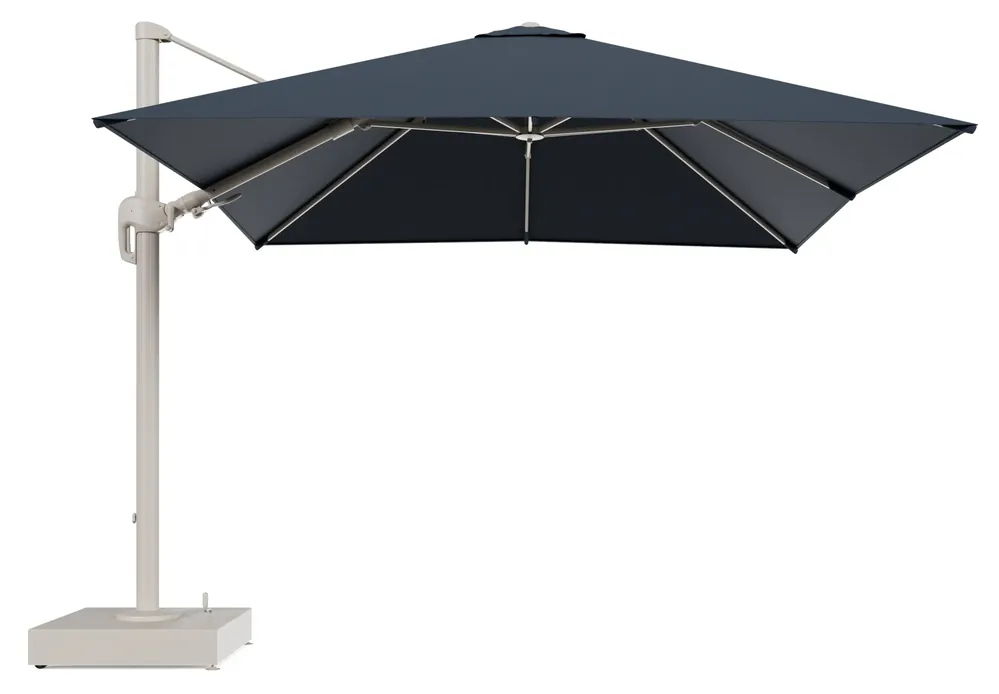 Finale Uitverkoop Rufina zweefparasol met tiltfunctie in beige aluminium en Heritage Indigo All Weather Sunbrella® Luxe parasoldoek - L1 300 x L2 300 cm met parasolvoet Minore 150 kg met wielen