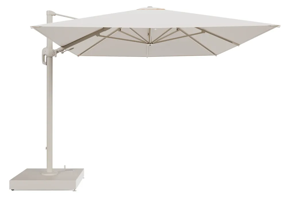 Rufina zweefparasol met tiltfunctie in beige aluminium en Natte Linen Chalk All Weather Sunbrella® Luxe parasoldoek - L1 400 x L2 300 cm met parasolvoet Minore 260 kg met wielen Must-Have