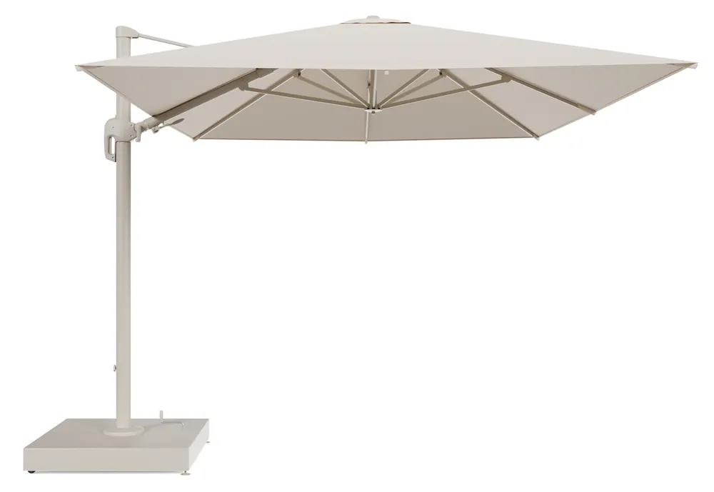 Laatste Versie Rufina zweefparasol met tiltfunctie in beige aluminium en Heritage Papyrus All Weather Sunbrella® Luxe parasoldoek - L1 400 x L2 300 cm met parasolvoet Minore 260 kg met wielen