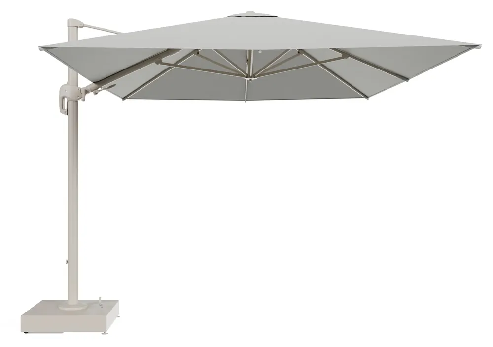 Lage Prijs Rufina zweefparasol met tiltfunctie in beige aluminium en Lopi Bud All Weather Sunbrella® Luxe parasoldoek - L1 400 x L2 300 cm met parasolvoet Minore 150 kg met wielen