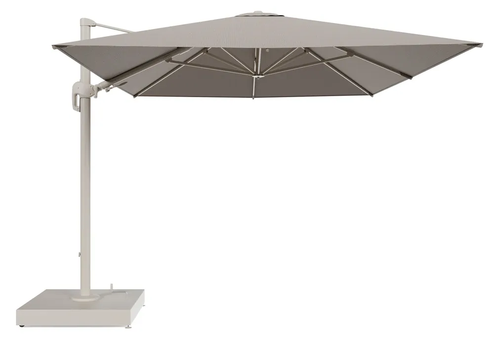 Seizoensaanbieding Rufina zweefparasol met tiltfunctie in beige aluminium en Firenze Earth All Weather Solica parasoldoek - L1 400 x L2 300 cm met parasolvoet Minore 260 kg met wielen
