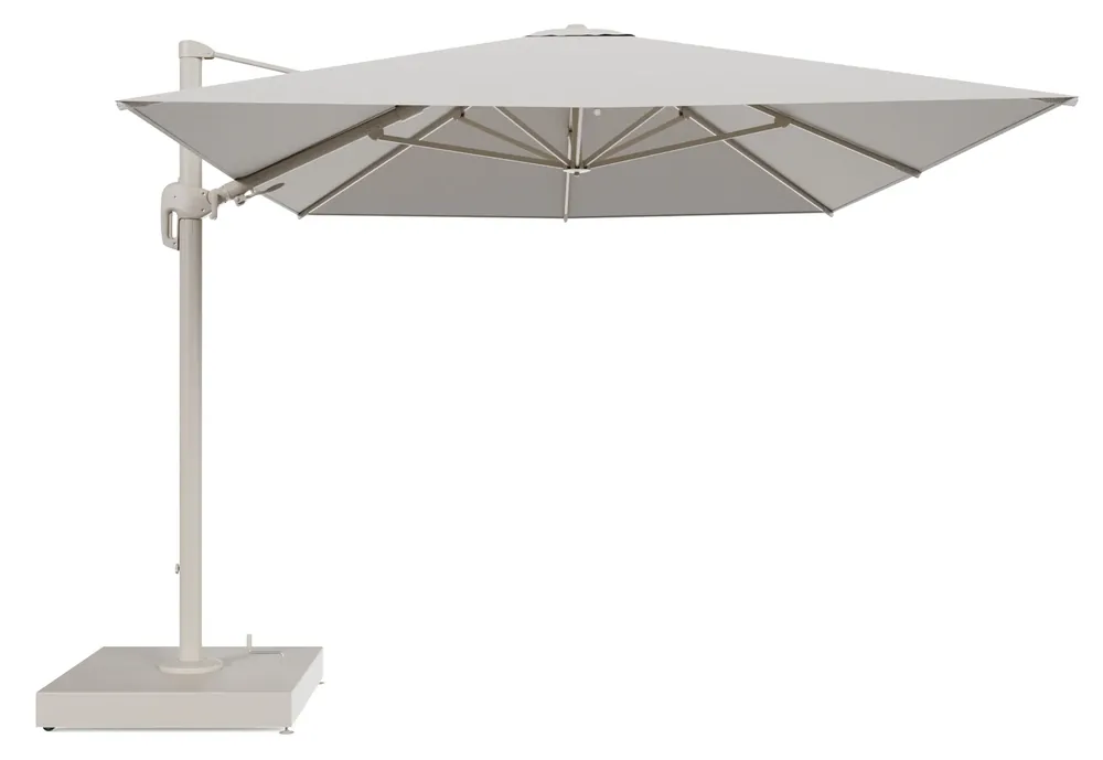 Rufina zweefparasol met tiltfunctie in beige aluminium en Firenze Natural All Weather Solica parasoldoek - L1 400 x L2 300 cm met parasolvoet Minore 260 kg met wielen Beperkte Voorraad