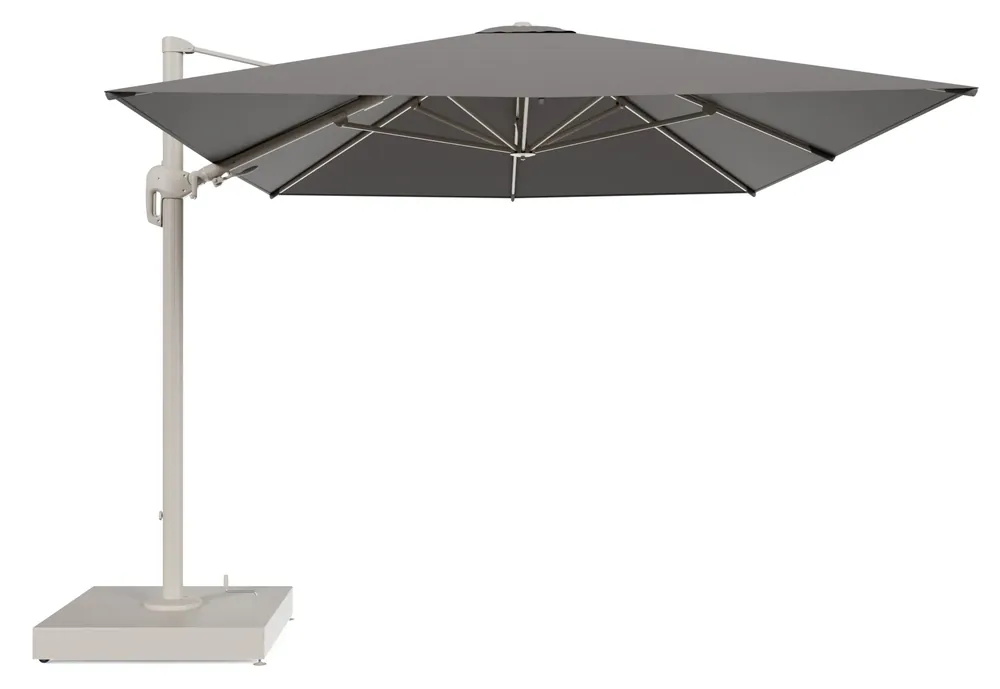 Rufina zweefparasol met tiltfunctie in beige aluminium en Natte Dark Taupe All Weather Sunbrella® Luxe parasoldoek - L1 400 x L2 300 cm met parasolvoet Minore 260 kg met wielen Hoge Kwaliteit