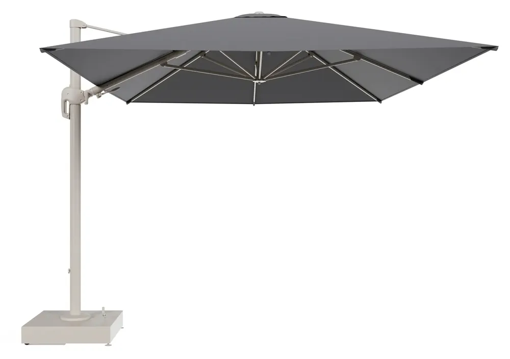 Premium Rufina zweefparasol met tiltfunctie in beige aluminium en Natte Charcoal Chine All Weather Sunbrella® Luxe parasoldoek - L1 400 x L2 300 cm met parasolvoet Minore 150 kg met wielen