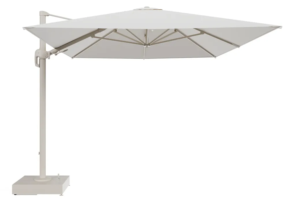 Alleen Vandaag Rufina zweefparasol met tiltfunctie in beige aluminium en Savane White All Weather Sunbrella® Luxe parasoldoek - L1 400 x L2 300 cm met parasolvoet Minore 150 kg met wielen