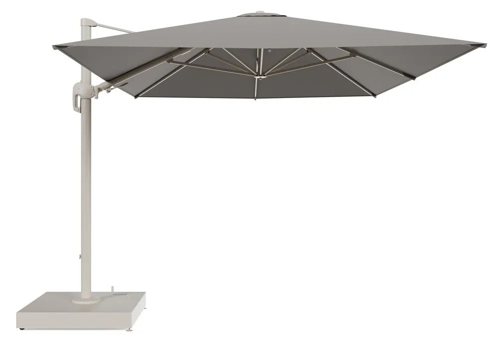 Rufina zweefparasol met tiltfunctie in beige aluminium en Lopi Charcoal All Weather Sunbrella® Luxe parasoldoek - L1 400 x L2 300 cm met parasolvoet Minore 260 kg met wielen Beperkte Voorraad
