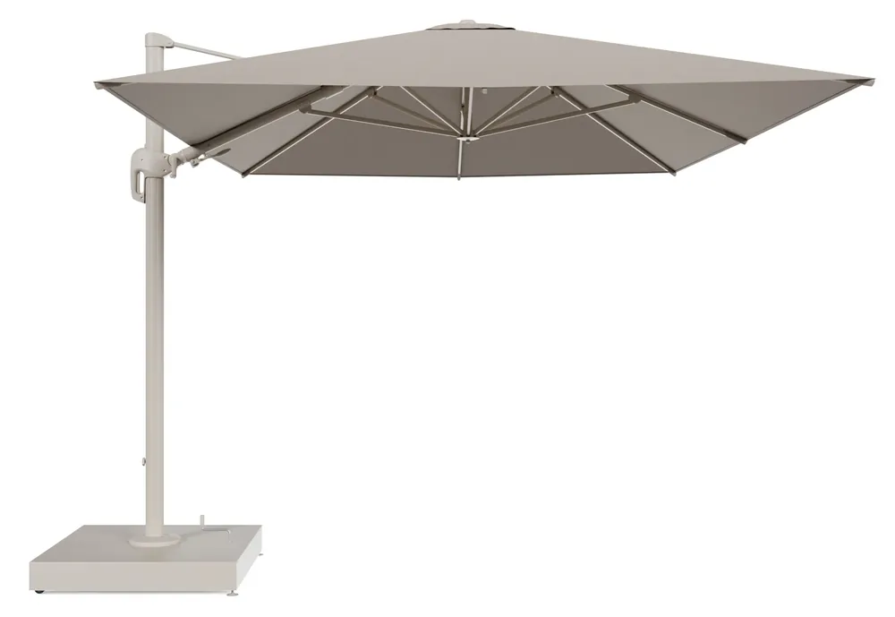 Fabrieksprijs Rufina zweefparasol met tiltfunctie in beige aluminium en Savane Coconut All Weather Sunbrella® Luxe parasoldoek - L1 400 x L2 300 cm met parasolvoet Minore 260 kg met wielen