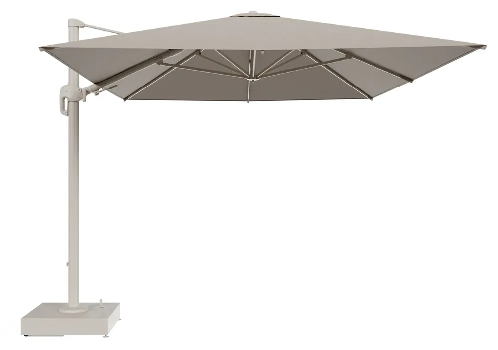 Rufina zweefparasol met tiltfunctie in beige aluminium en Savane Coconut All Weather Sunbrella® Luxe parasoldoek - L1 400 x L2 300 cm met parasolvoet Minore 150 kg met wielen Lage Prijs