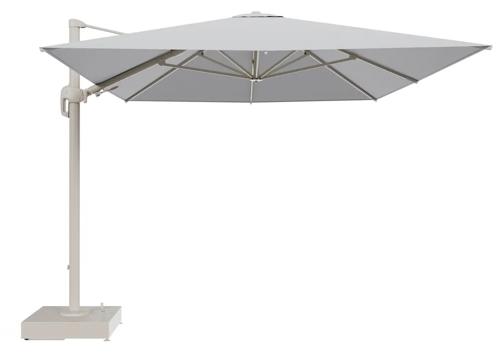 Rufina zweefparasol met tiltfunctie in beige aluminium en Lopi Ash All Weather Sunbrella® Luxe parasoldoek - L1 400 x L2 300 cm met parasolvoet Minore 150 kg met wielen Finale Uitverkoop