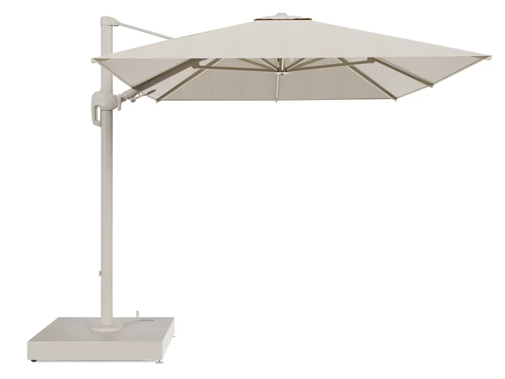 Rufina zweefparasol met tiltfunctie in beige aluminium en beige All Weather Sunbrella® Premium parasoldoek - L1 350 x L2 250 cm met parasolvoet Minore 260 kg met wielen Tijdelijk Beschikbaar