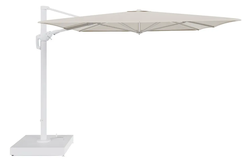 Hoge Kwaliteit Minore zweefparasol met tiltfunctie in wit aluminium en beige All Weather Sunbrella® Premium parasoldoek - L1 400 x L2 300 cm met parasolvoet Minore 260 kg met wielen