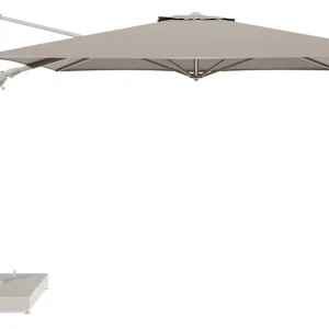 Aanbieding Minore zweefparasol met tiltfunctie in beige aluminium en Savane Coconut All Weather Sunbrella® Luxe parasoldoek - L1 350 x L2 350 cm met parasolvoet Minore 260 kg met wielen
