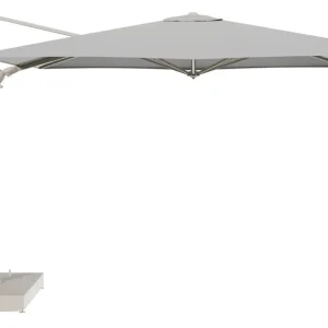 Aanbieding Minore zweefparasol met tiltfunctie in beige aluminium en Savane Grey All Weather Sunbrella® Luxe parasoldoek - L1 280 x L2 370 cm met parasolvoet Minore 260 kg met wielen