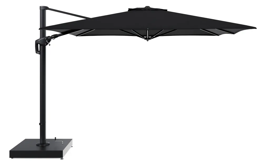 Minore zweefparasol met tiltfunctie in zwart aluminium en Lopi Baribal All Weather Sunbrella® Luxe parasoldoek - L1 350 x L2 350 cm met parasolvoet Minore 260 kg met wielen Weekendaanbieding