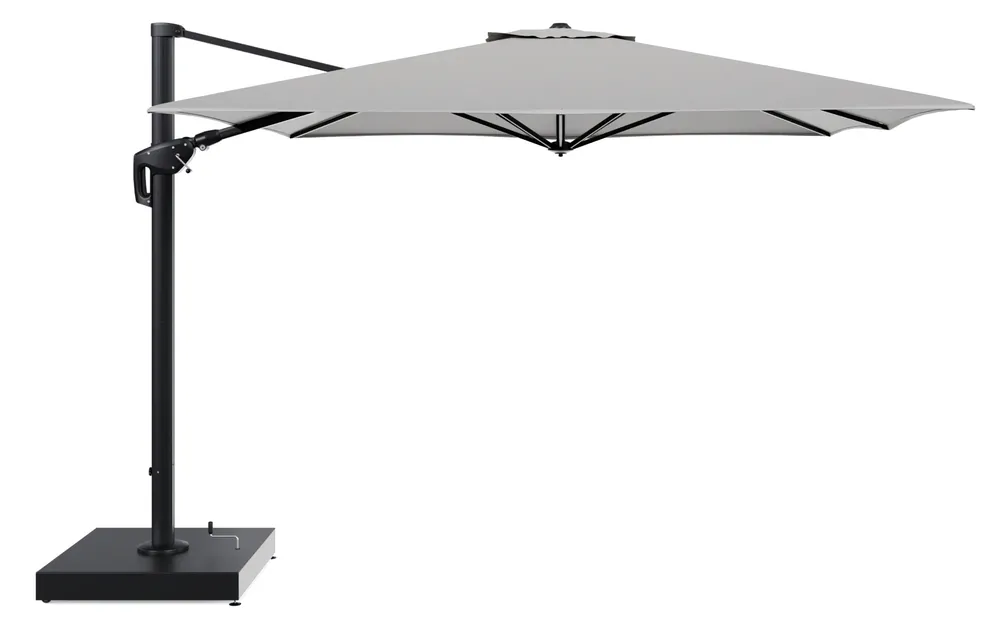Minore zweefparasol met tiltfunctie in zwart aluminium en Savane Grey All Weather Sunbrella® Luxe parasoldoek - L1 350 x L2 350 cm met parasolvoet Minore 260 kg met wielen Hete Deal