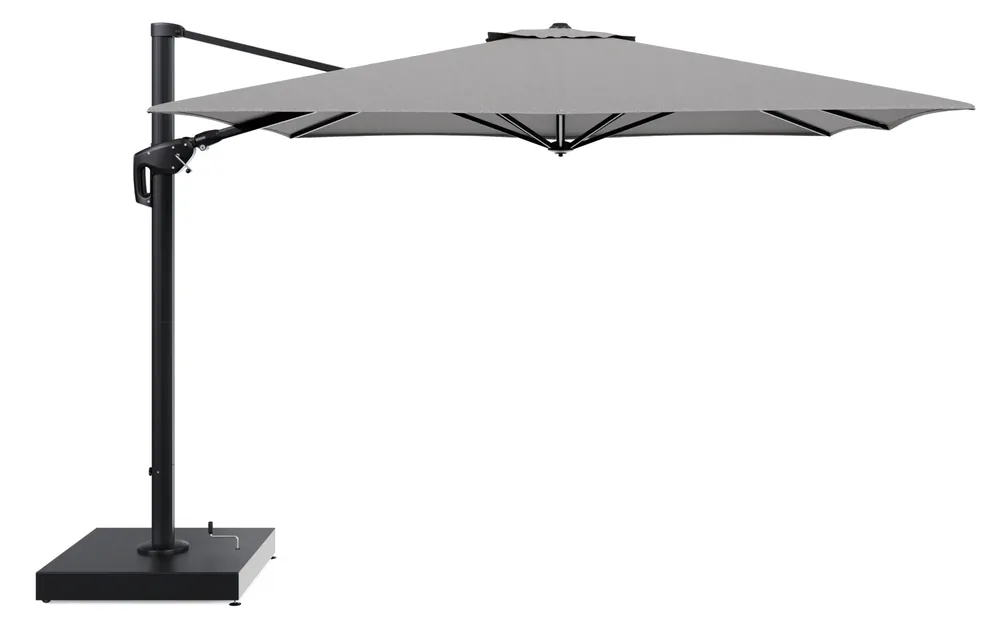 Direct Verzonden Minore zweefparasol met tiltfunctie in zwart aluminium en Tundra Charcoal All Weather Sunbrella® Luxe parasoldoek - L1 350 x L2 350 cm met parasolvoet Minore 260 kg met wielen