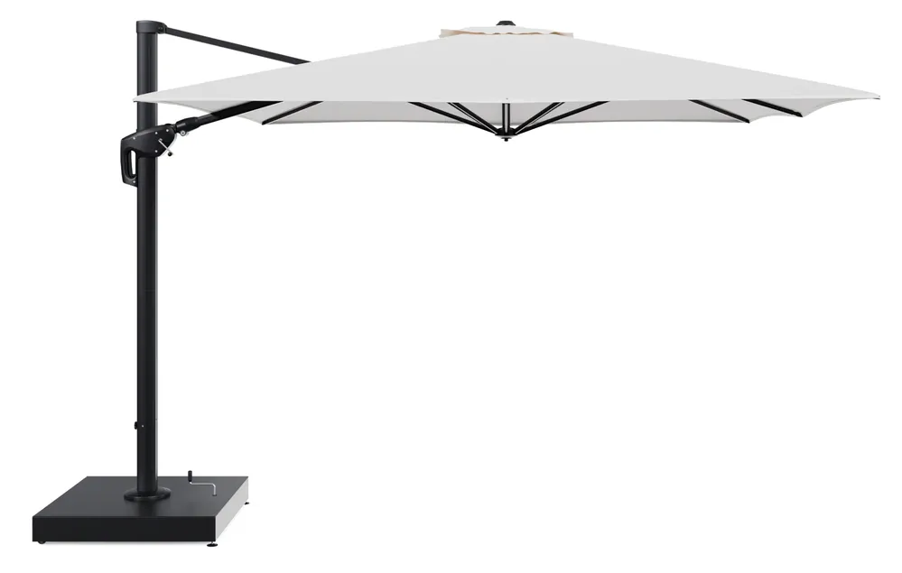 Nu Kopen Minore zweefparasol met tiltfunctie in zwart aluminium en Lopi Snow All Weather Sunbrella® Luxe parasoldoek - L1 350 x L2 350 cm met parasolvoet Minore 260 kg met wielen