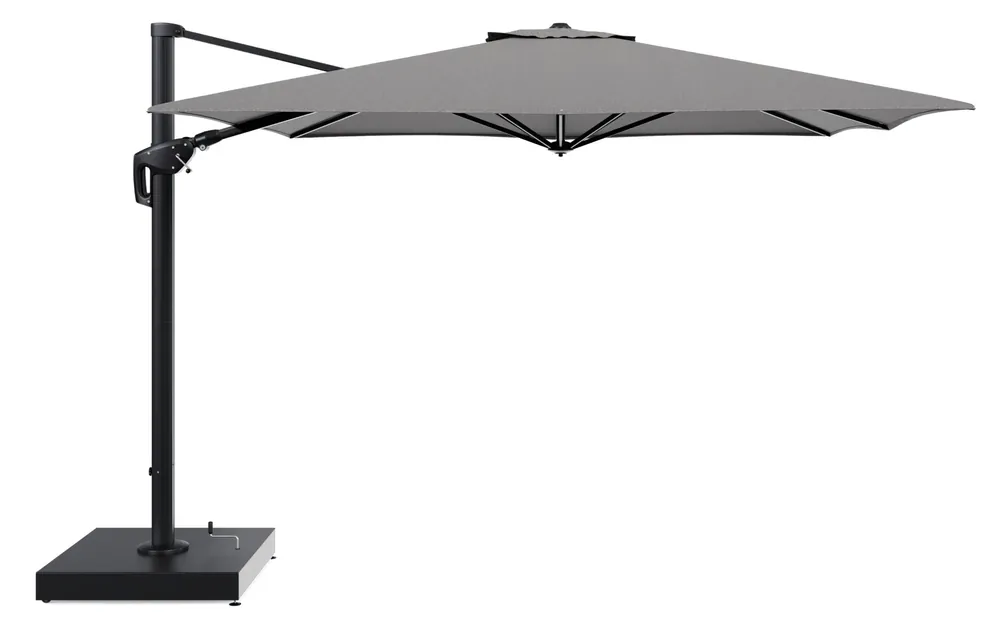 Speciale Aanbieding Minore zweefparasol met tiltfunctie in zwart aluminium en Chartres Drizzle All Weather Sunbrella® Luxe parasoldoek - L1 350 x L2 350 cm met parasolvoet Minore 260 kg met wielen