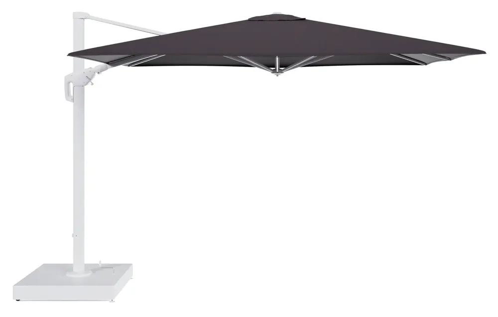 Koop Online Minore zweefparasol met tiltfunctie in wit aluminium en Tundra Red All Weather Sunbrella® Luxe parasoldoek - L1 280 x L2 370 cm met parasolvoet Minore 260 kg met wielen
