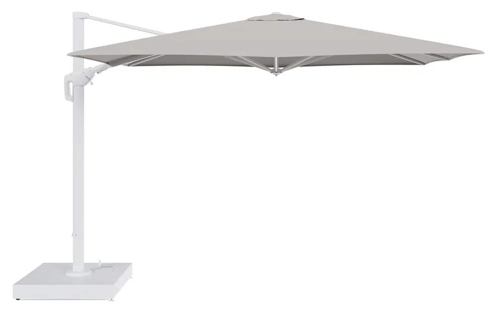 Laatste Kans Minore zweefparasol met tiltfunctie in wit aluminium en Lopi Fossil All Weather Sunbrella® Luxe parasoldoek - L1 280 x L2 370 cm met parasolvoet Minore 260 kg met wielen
