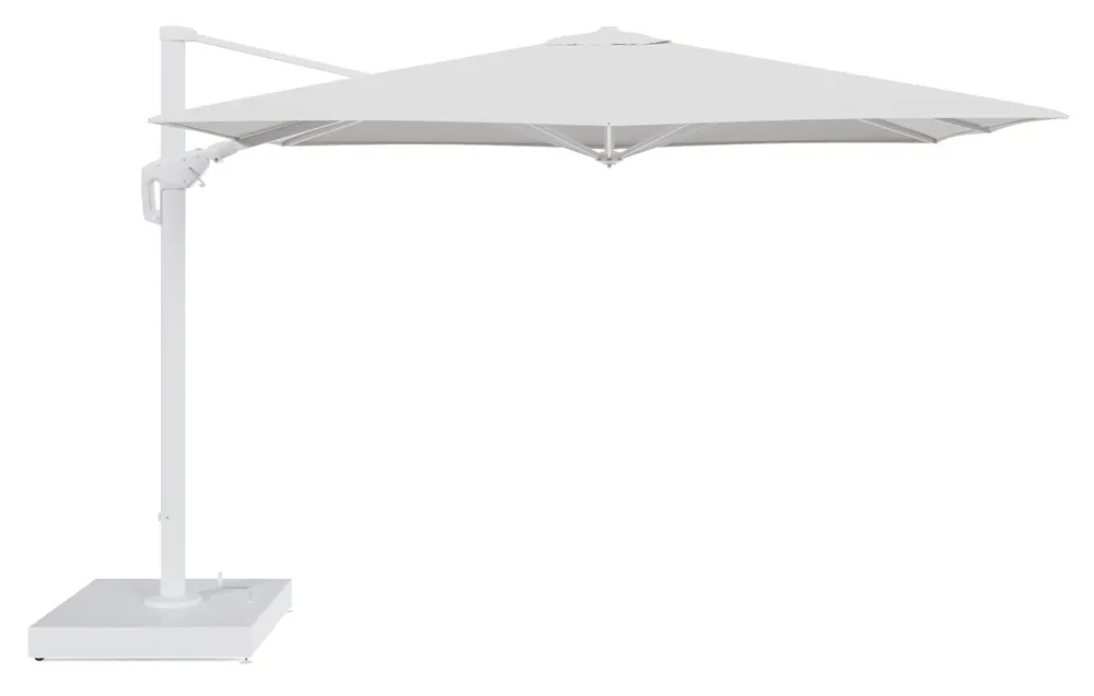 Minore zweefparasol met tiltfunctie in wit aluminium en Soul Optik All Weather Sunbrella® Luxe parasoldoek - L1 280 x L2 370 cm met parasolvoet Minore 260 kg met wielen Actieprijs
