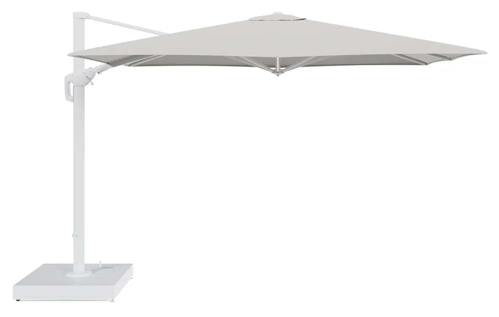 Koopje Minore zweefparasol met tiltfunctie in wit aluminium en Firenze Natural All Weather Solica parasoldoek - L1 280 x L2 370 cm met parasolvoet Minore 260 kg met wielen