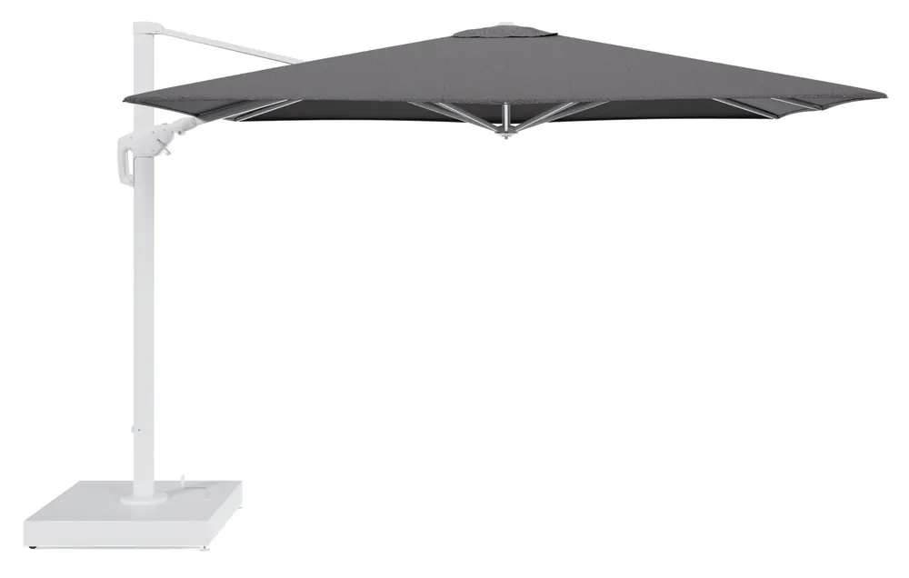 Dagaanbieding Minore zweefparasol met tiltfunctie in wit aluminium en Firenze Tunder All Weather Solica parasoldoek - L1 280 x L2 370 cm met parasolvoet Minore 260 kg met wielen