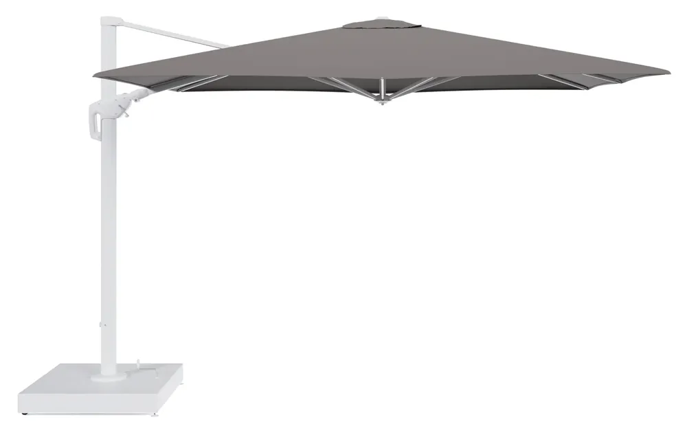 Minore zweefparasol met tiltfunctie in wit aluminium en Natte Nature Grey All Weather Sunbrella® Luxe parasoldoek - L1 280 x L2 370 cm met parasolvoet Minore 260 kg met wielen Goedkoop