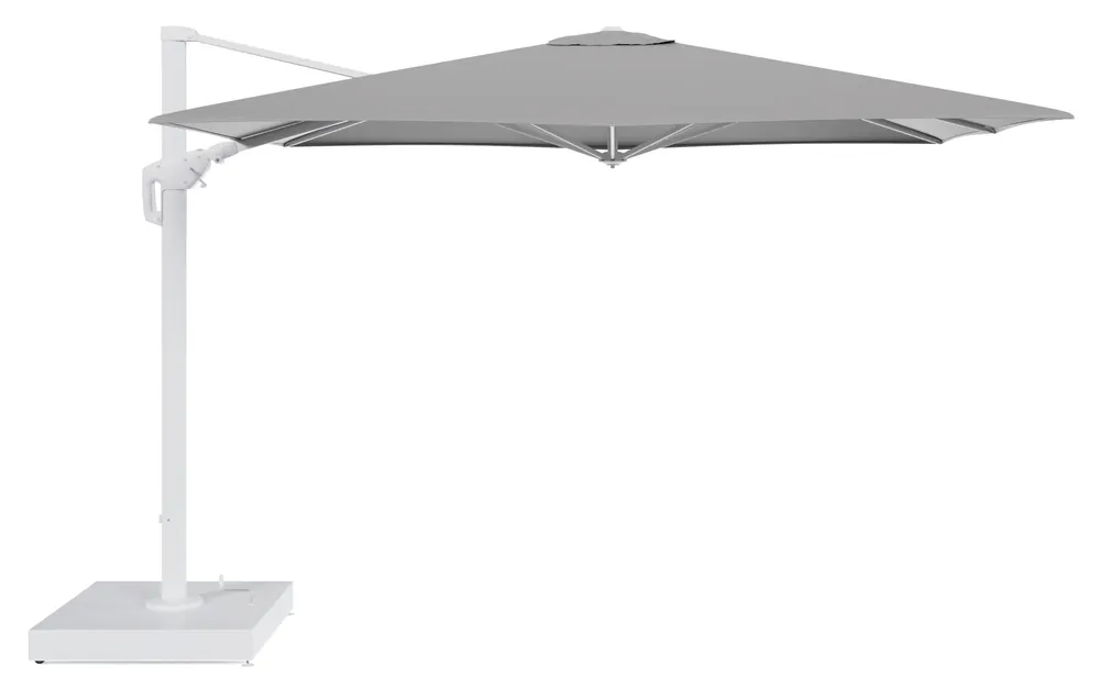 Bestel Nu Minore zweefparasol met tiltfunctie in wit aluminium en Savane Zinc All Weather Sunbrella® Luxe parasoldoek - L1 280 x L2 370 cm met parasolvoet Minore 260 kg met wielen
