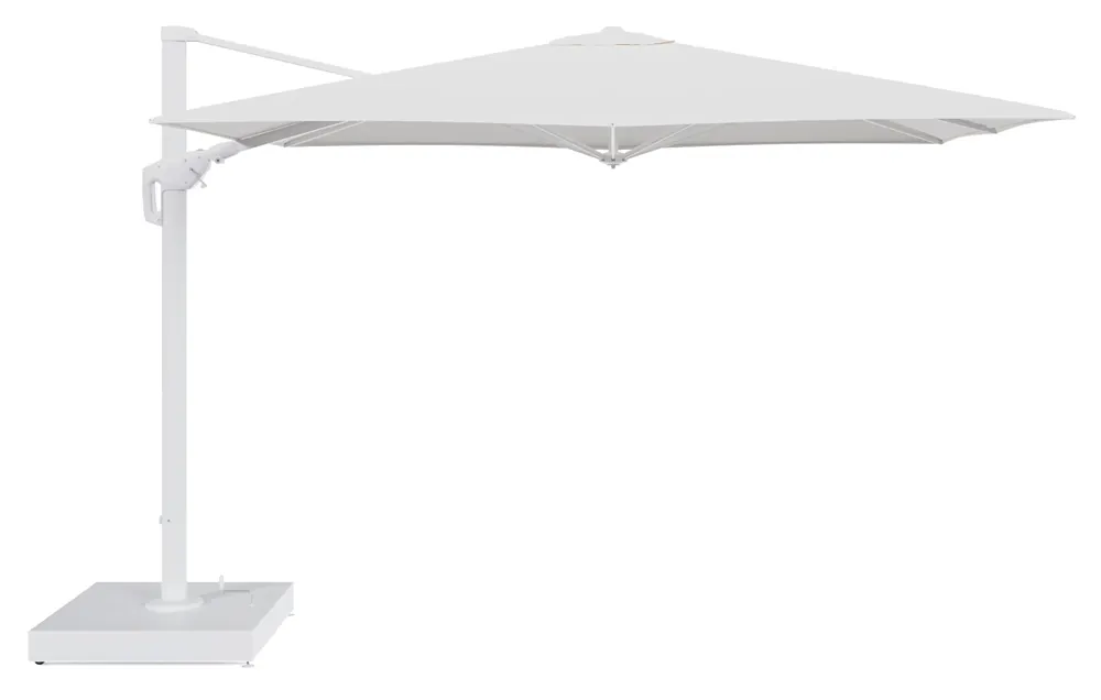 Minore zweefparasol met tiltfunctie in wit aluminium en Lopi Snow All Weather Sunbrella® Luxe parasoldoek - L1 280 x L2 370 cm met parasolvoet Minore 260 kg met wielen Nu Kopen