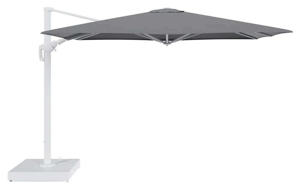 Minore zweefparasol met tiltfunctie in wit aluminium en Heritage Slate All Weather Sunbrella® Luxe parasoldoek - L1 280 x L2 370 cm met parasolvoet Minore 260 kg met wielen Exclusieve Aanbieding