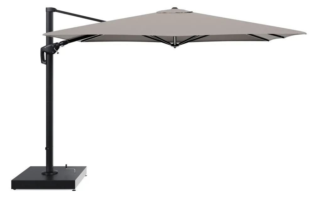 Aanbieding Minore zweefparasol met tiltfunctie in zwart aluminium en Lopi Pepper All Weather Sunbrella® Luxe parasoldoek - L1 280 x L2 370 cm met parasolvoet Minore 260 kg met wielen