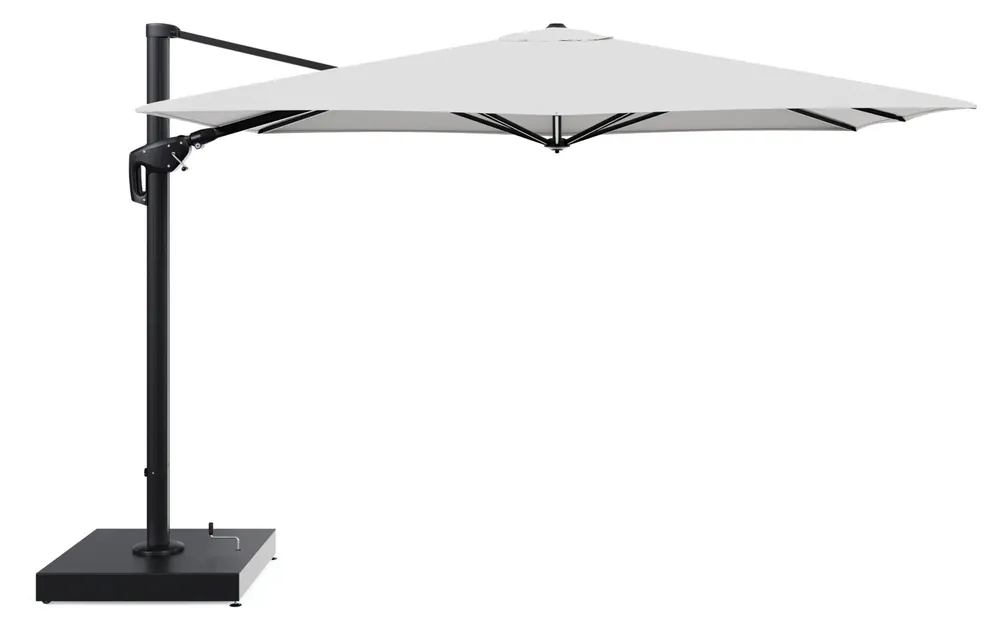 Actieprijs Minore zweefparasol met tiltfunctie in zwart aluminium en Soul Optik All Weather Solica parasoldoek - L1 280 x L2 370 cm met parasolvoet Minore 260 kg met wielen