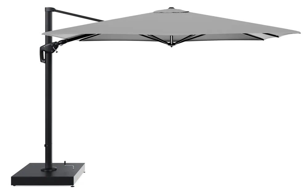 Beperkte Voorraad Minore zweefparasol met tiltfunctie in zwart aluminium en Savane Zinc All Weather Sunbrella® Luxe parasoldoek - L1 280 x L2 370 cm met parasolvoet Minore 260 kg met wielen