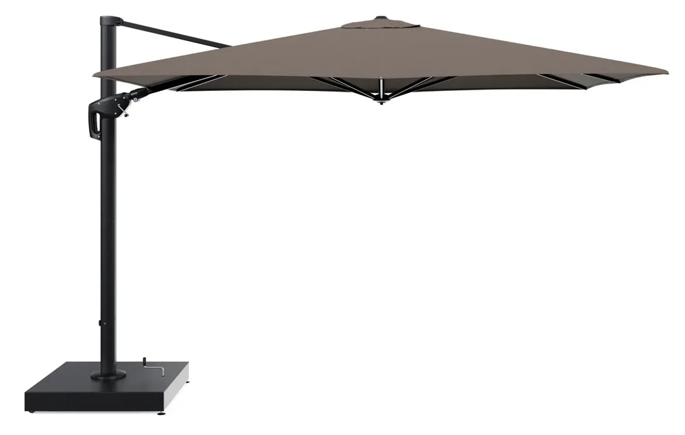 Minore zweefparasol met tiltfunctie in zwart aluminium en Lopi Coconut All Weather Sunbrella® Luxe parasoldoek - L1 280 x L2 370 cm met parasolvoet Minore 260 kg met wielen Goedkoop