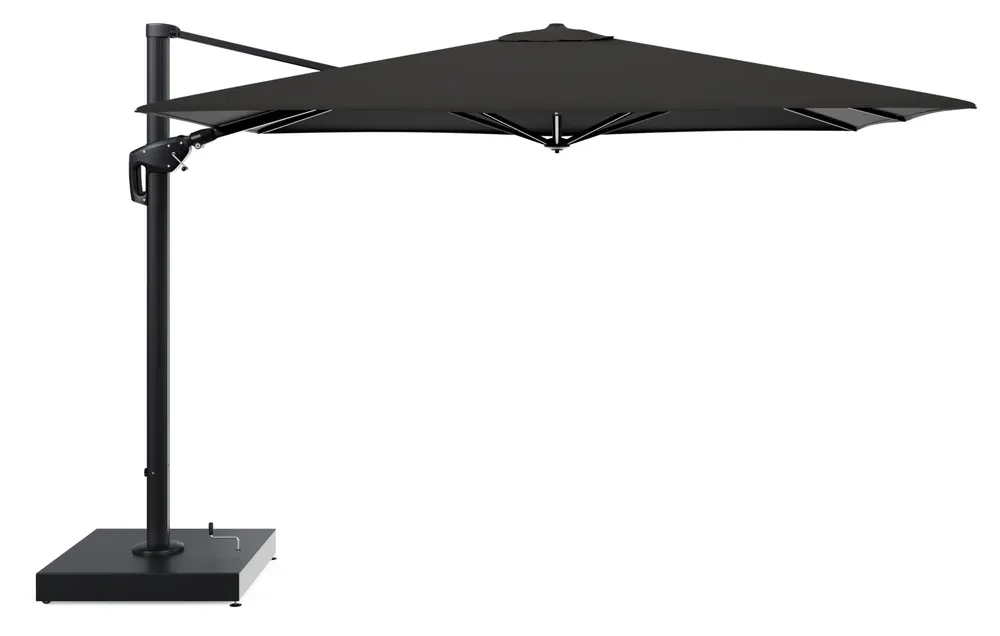 Minore zweefparasol met tiltfunctie in zwart aluminium en Heritage Char All Weather Sunbrella® Luxe parasoldoek - L1 280 x L2 370 cm met parasolvoet Minore 260 kg met wielen Premium