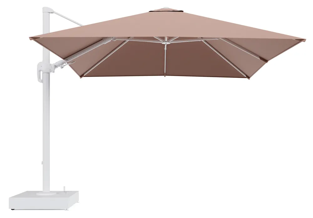 Rufina zweefparasol met tiltfunctie in wit aluminium en Lopi Fawn All Weather Sunbrella® Luxe parasoldoek - L1 300 x L2 300 cm met parasolvoet Minore 150 kg met wielen Meest Verkocht